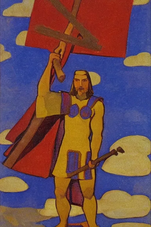 Image similar to thor holding the hammer, marvel, artwork by nicholas roerich,