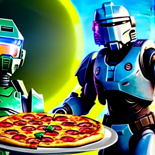 Image similar to Master Chief and Robocop sharing a pizza, a screenshot from Fortnite