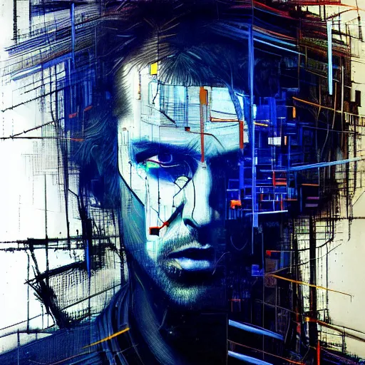 Prompt: hyperrealistic portrait of a cyberpunk man, long hair, by Guy Denning, Johannes Itten, Russ Mills, glitch art, glitch eyes, hacking effects, glitch effects, digital tech effects, cybernetics, detailed lines, chromatic, color blocking!, oil on canvas, highly detailed, front view, symmetrical, octane, concept art, abstract, blue and black, 8k, cinematic, trending on artstation