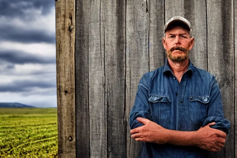 Image similar to a headshot portrait of a farmer, stood outside a wooden cabin, ultra realistic, dramatic lighting