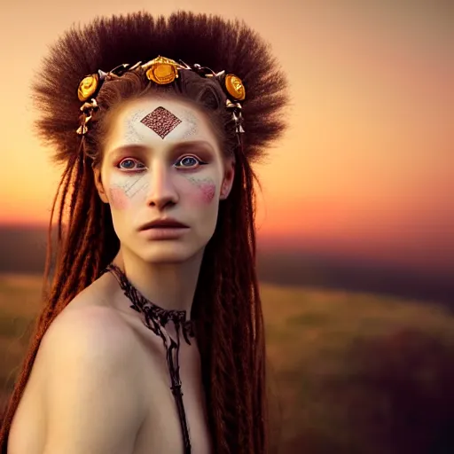 Image similar to photographic portrait of a stunningly beautiful renaissance female with celtic tribal makeup in soft dreamy light at sunset, contemporary fashion shoot, by edward robert hughes, annie leibovitz and steve mccurry, david lazar, jimmy nelsson, breathtaking, 8 k resolution, extremely detailed, beautiful, establishing shot, artistic, hyperrealistic, beautiful face, octane render