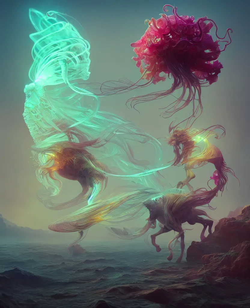 Prompt: centaur jellyfish phoenix, nautilus, orchid, bioluminiscent creatures, intricate artwork by Tooth Wu and wlop and beeple. octane render, trending on artstation, greg rutkowski very coherent symmetrical artwork. cinematic, hyper realism, high detail, octane render, 8k