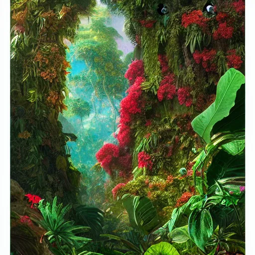 Image similar to vivid jungle scene, floral, leaves, vines, flowers, intricate details, volumetric lighting, hd render, vivid colors, panorama, Artwork by Frederic Edwin church + Franklin Booth