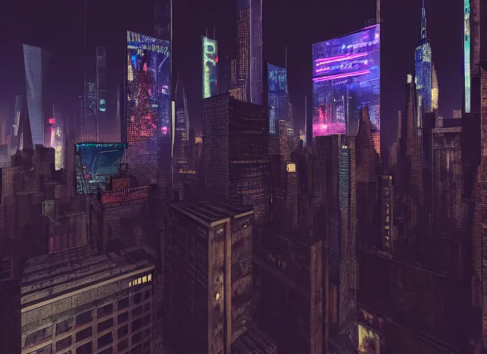 Image similar to cyberpunk scifi scene of new york skyline at night, drones flying, artstation, matt painting, very detailed, maximalism, ambient occlusion, volumetric light, atmospheric haze, unreal engine, hyper realism, realistic shading, cinematic composition, realistic render, octane render, detailed textures, photorealistic, wide shot