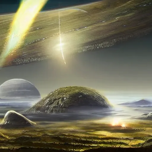 Image similar to a beautiful landscape on a ring world, with the curvature of the ring being visible in the sky :: Halo game concept art