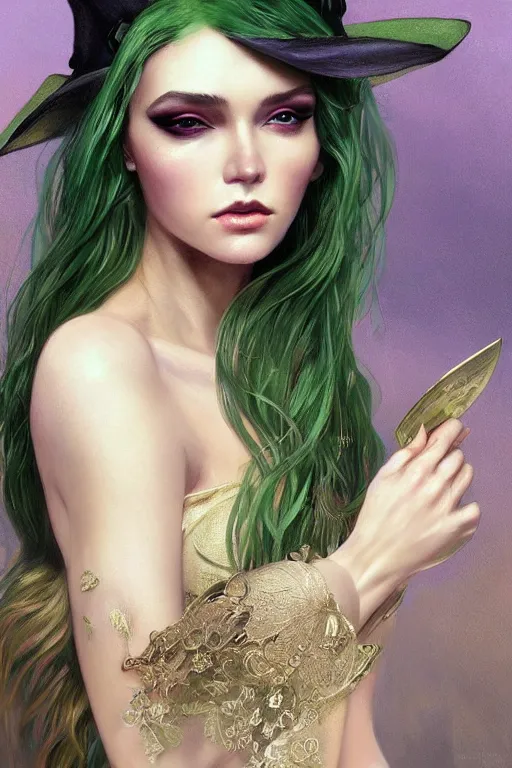 Prompt: a seductive beautiful witch from belarus, with a perfect face!!! shiny green iridescent makeup on skin, bust portrait, gold jewelry, dnd, face, fantasy, intricate, elegant, highly detailed, digital painting, artstation, concept art, smooth, sharp focus, illustration, art by artgerm and greg rutkowski and alphonse mucha