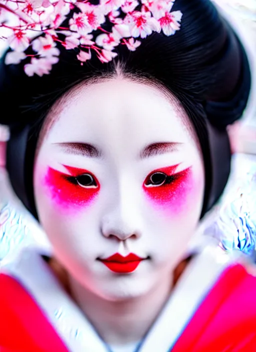 Image similar to Beautiful Japanese geisha close up portrait shot, 1920s geisha, Japanese, young woman, half body photo, upper body, traditional geisha clothing, geisha makeup, geisha hairstyle, hyper realistic, 8k detail, trending, professional photography, cherry blossom background