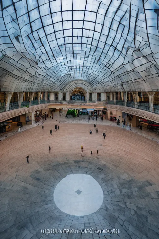 Image similar to Yakub Kolas Square in the city of Minsk, Belarus, view of the 4th Big Hall and the underground descent into the metro from two sides, summer, cloudy, beautiful, photorealistic, perfect, photo kodak 35mm colored, 8K, high quality, 8k resolution, 4K, detailed, high details, Super-high quality, hyperdetailed, Hyperrealistic