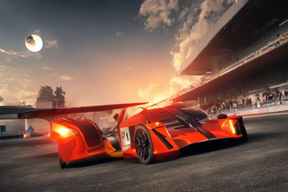 Image similar to Futuristic Hover Car Le Mans Races In Italy Circa Year 10,0000, Hover Vehicles Designed by Syd Mead and Pininfarina, beautiful sunset, photorealistic, hyperrealistic, octane render, HDR, IG Studios Anime Style