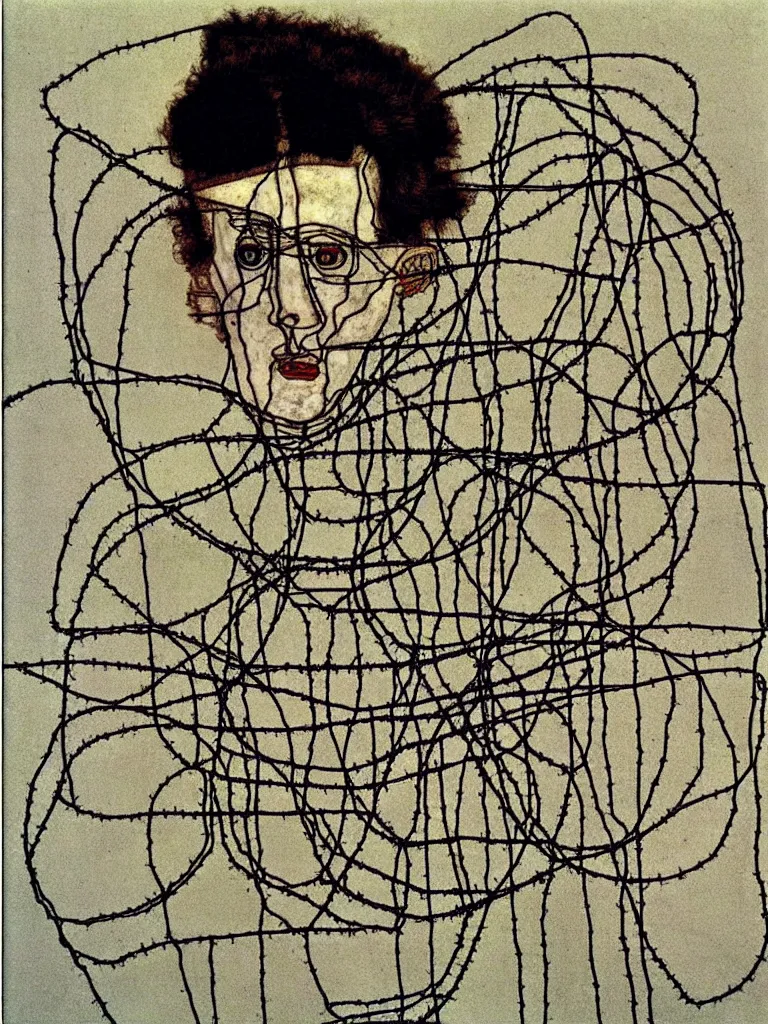 Prompt: wire art by egon schiele