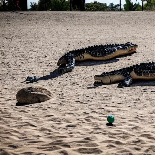 Prompt: a professional photograph of crocodiles playing petanque, wide angle, 4 k