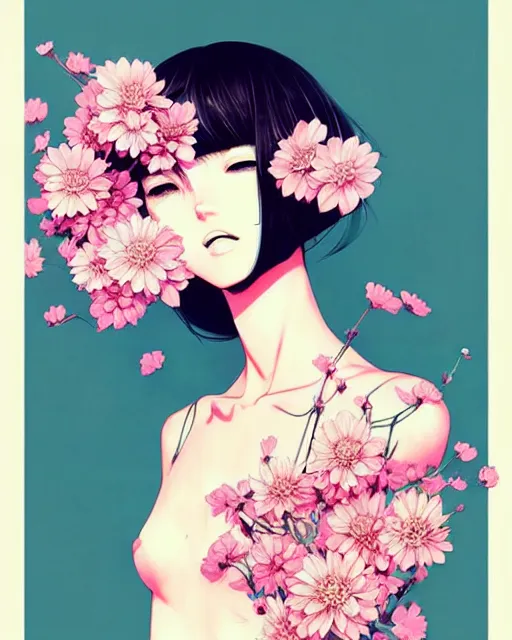 Prompt: beautiful girl next to floral bomb, detailed manga illustration!! intricate details, perfect face, perfect body, aesthetically pleasing pastel colors, poster background, aesthetic details, art by conrad roset and ilya kuvshinov