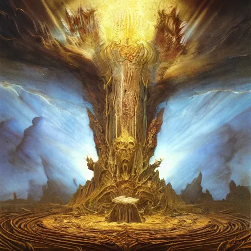 Image similar to the throne of earth and manifestation | highly detailed matte painting, hyperrealistic, very intrincate | cinematic lighting, award - winning | by rachel ruysch, giger, beksinski and bocklin | by austin osman spare and william blake, trending on artstation, cgsociety, official art, octane.