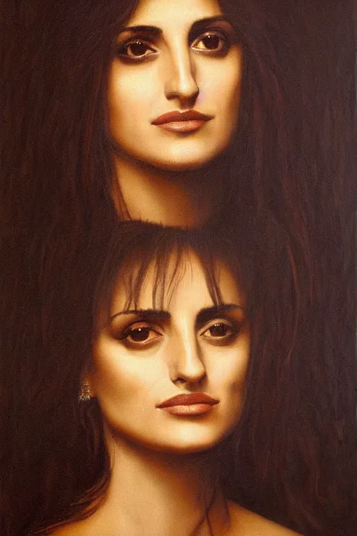 Image similar to oil painting, portrait of penelope cruz, artwork by leonardo da vinci