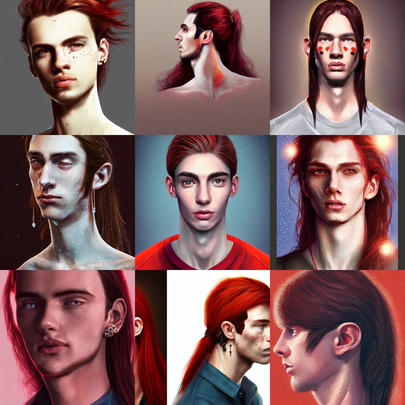 Image similar to portrait of a thin young man with long red hair, ponytail, a lot of freckles on his face, an earring, intricate, elegant, glowing lights, highly detailed, digital painting, artstation, concept art, smooth, sharp focus, illustration