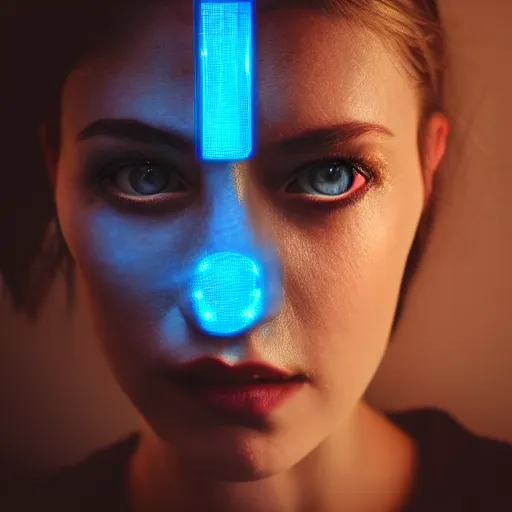 Image similar to photo of young woman, close up, with a cyberpunk camera over right eye with led lights, robotic implants over face with small led lights, white background, fine art photography in the style of Bill Henson