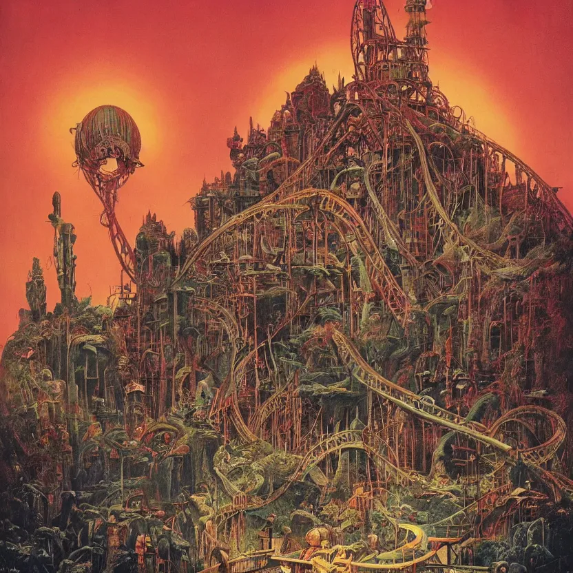 Image similar to a theme park with rollercoasters, rides and attractions, by richard corben, bruce pennington, and zdzisław beksinski. goosebumps cover art. pulp horror art.