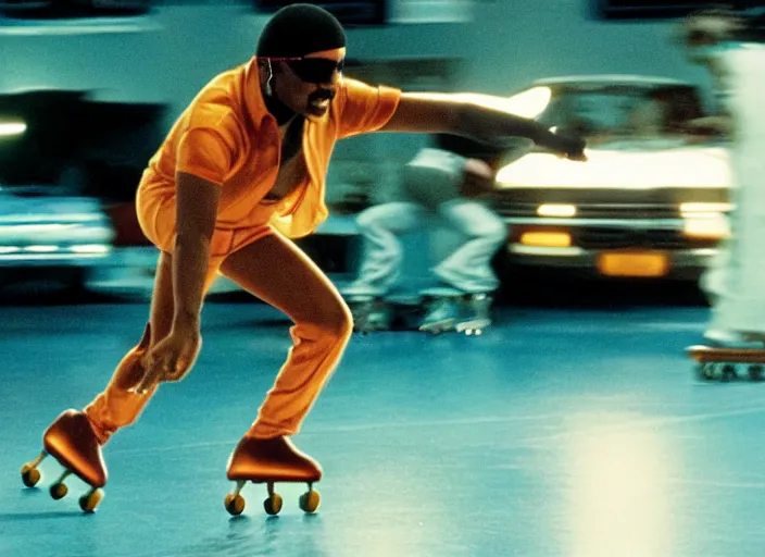 Prompt: film still of Stevie Wonder Rollerskating in the new Boogie Nights movie, 8k