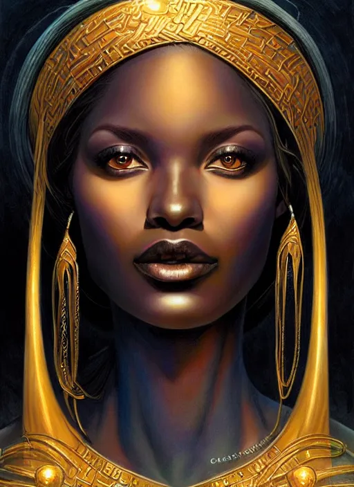 Prompt: stunning goddess of life portrait, dark skin. realistic, symmetrical face. art by bowater charlie, mark brooks, julie bell, arian mark, tony sandoval