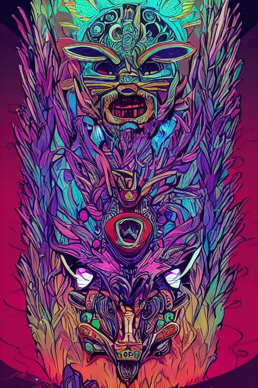 Image similar to totem animal mask tribal feather gemstone plant wood rock shaman vodoo video game vector illustration vivid multicolor borderlands comics by josan gonzales and dan mumford radiating a glowing aura