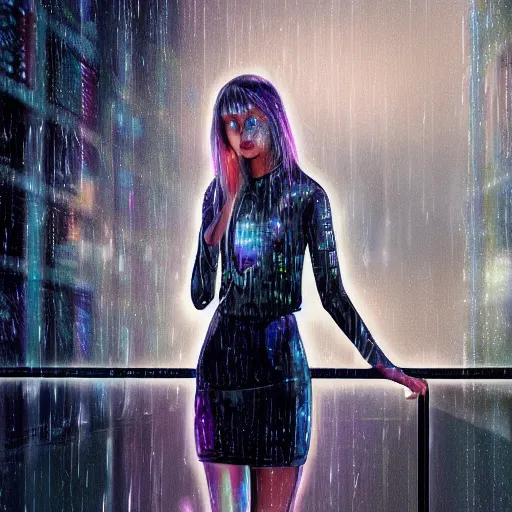 Image similar to hyperdetailed realistic digital painting of a beautiful wet girl wearing a short skirt in the rain interacting with a holographic interface on a wall in a future cyber punk style city trending on art station