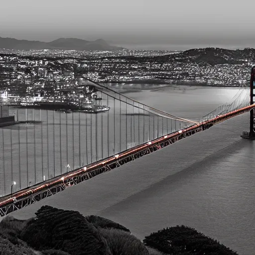 Image similar to a photo of golden gate bridge with a plane flying underneath at dusk