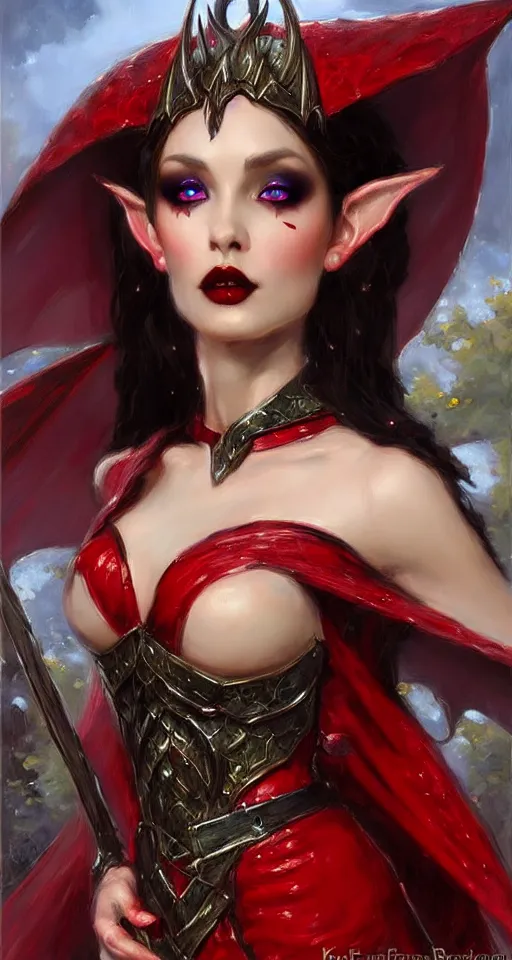 Image similar to Gothic elf princess in red dragon armor by Konstantin Razumov, face close up