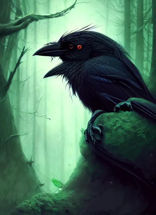 Image similar to side portrait dark crow (animal), close-up, fantasy forest landscape, moonshine, fantasy magic, nice black feather, proud, green dark light night, intricate, elegant, sharp focus, illustration, highly detailed, digital painting, concept art, matte, art by WLOP and Artgerm and Greg Rutkowski and Eddie Mendoza, masterpiece