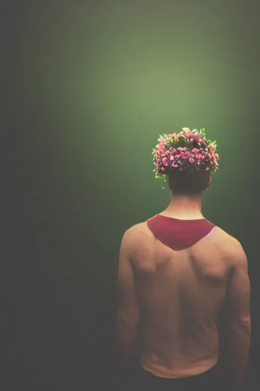 Prompt: agfa vista 4 0 0 photograph of a skinny blonde guy standing in a spotlight in a dark field, flower crown, back view, grain, moody lighting, moody vibe, telephoto, 9 0 s vibe, blurry background, vaporwave colors!, faded!,