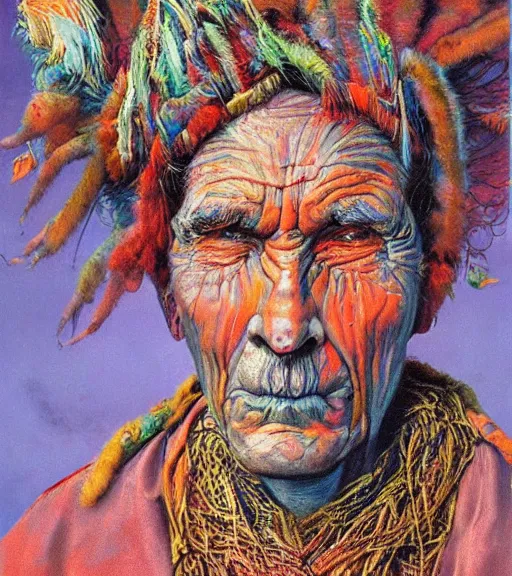 Image similar to Portrait painting in a style of Beksinski mixed with Alex Grey of an old shaman dressed in a colorful traditional clothes.