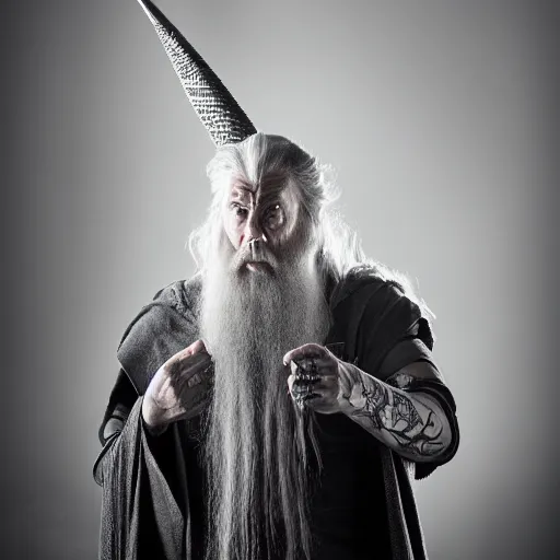 Prompt: Gandalf the grey with tattoos and a mohawk, studio portrait photography, moody lighting