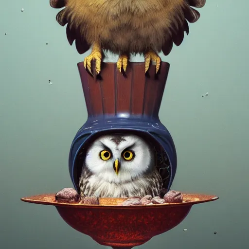 Image similar to long shot of a very cute owl chick sitting in a very beautiful cup, by esao andrews, by james jean, marc simonetti, by victo ngai, humorous illustration, hyperrealistic, big depth of field, fresh colors, dim light, 3 d octane render conceptart, 4 k, hyperdetailed, trending on artstation