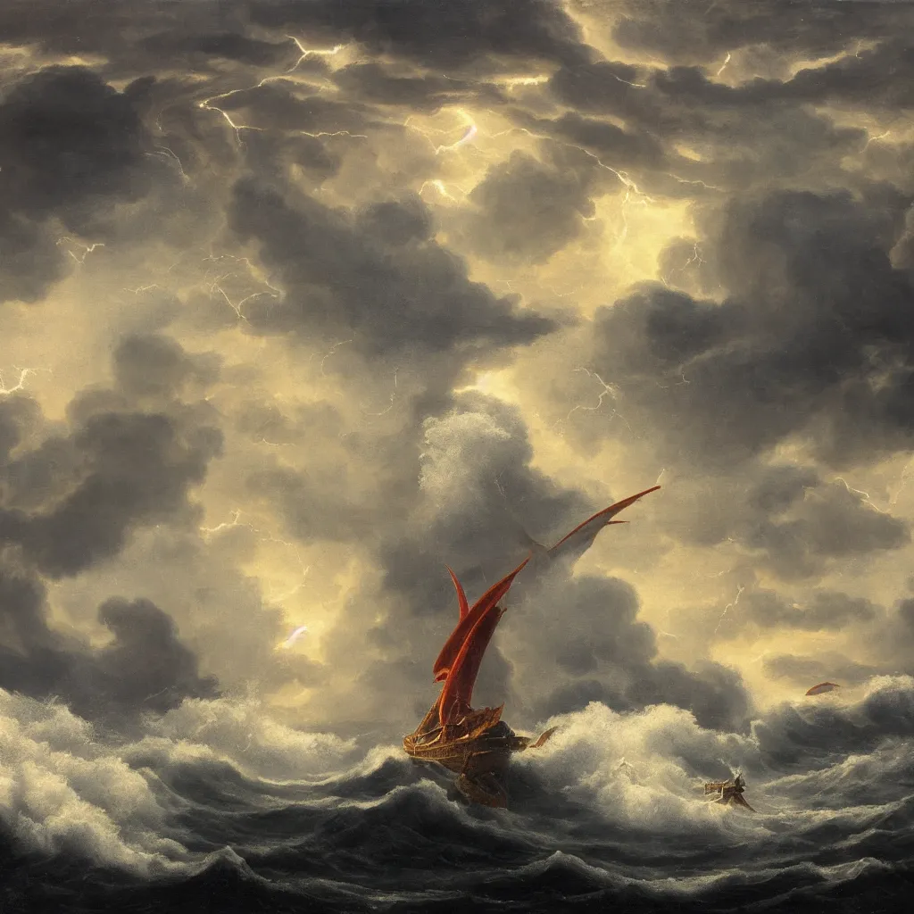 Image similar to a fantasy landscape of a giant squid in a stormy sea, giant waves, lightning in the background, small boat, oil painting, 4 k