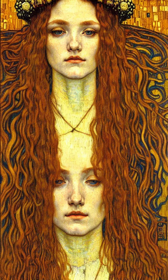 Image similar to detailed realistic beautiful young medieval queen face portrait by jean delville, gustav klimt and vincent van gogh, art nouveau, symbolist, visionary, gothic, pre - raphaelite, muted earthy colors, desaturated