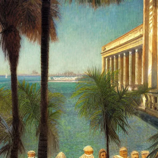 Image similar to a ultradetailed beautiful painting of the amazonas palace balustrade designed by jules bastien - lepage, hans belmer, frank weston and gustave baumann, beach, trending on artstation, mediterranean, palm trees, refracted color sparkles, sharp focus, soft light, 8 k 4 k