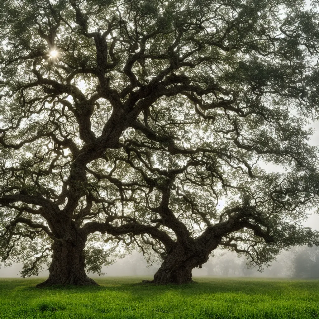 Image similar to old oak tree in four seasons colors growing on a meadow partially covered with morning fog, with big tree hollow in the trunk, with rope ladder hanging down from the tree hollow, cinematic lighting, photo realistic image, 4K, super detailed, cinematic look