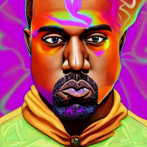 Prompt: an extremely psychedelic portrait of kanye west, surreal, lsd, face, detailed, intricate, elegant, lithe, highly detailed, digital painting, artstation, concept art, smooth, sharp focus, illustration,