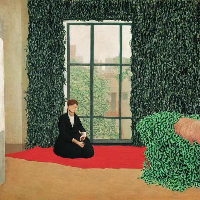 Prompt: a pathology student in her apartment, wrapped in vines, large stones, pig, black walls, black armchair, puddles, moss, acrylic on canvas, surrealist, by magritte and monet