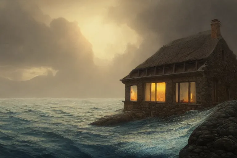 Image similar to submerged under the water of the ocean, a typical european house with a slate roof, submerged under the water of the ocean, school of fishes, scenic view, matte painting by christophe vacher and hubert robert, trending on artstation