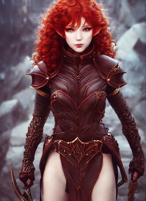 Image similar to leather armor!!! beautiful and elegant curly red hair female elf!! gorgeous ayes!! character concept art, sharp focus, octane render! unreal engine 5! highly rendered!! trending on artstation!! detailed linework!! illustration by artgerm, wlop, and chie yoshii