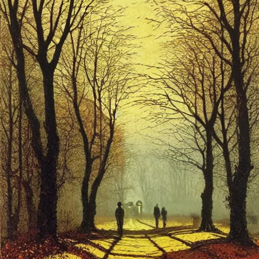 Image similar to the slenderman walking down a laneway in autumn, john atkinson grimshaw
