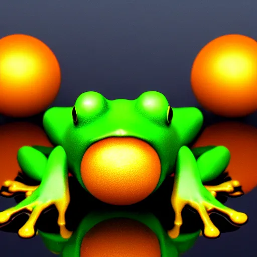 Prompt: The Wednesday frog and all his orbs hanging out, high quality render, realistic reflections, reflective surfaces, natural lighting, the orbs of BYOB, The Wednesday Frog, background details, highly a detailed, hyper realistic, orbs, orbs, orbs