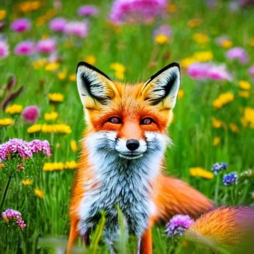 Prompt: a portrait of a fox in a field of beautiful flowers