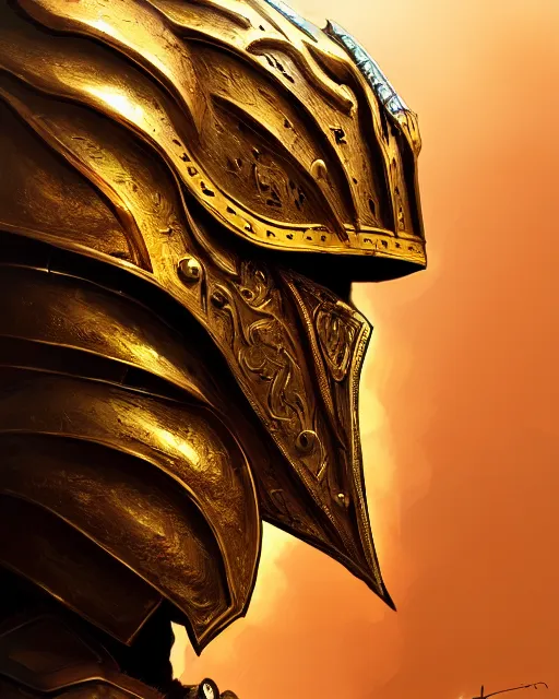 Image similar to hyper realistic side view painting of the king of the desert, angry, wide angle, gold armour, sword, dramatic lighting, intricate, wild, highly detailed, digital painting, artstation, concept art, smooth, sharp focus, illustration