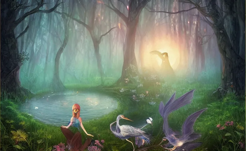 Prompt: a fairy riding a heron high over a misty nighttime lake, ambient lighting, light bloom, cool lighting, in the style of fantasy art and Over the Garden Wall!!