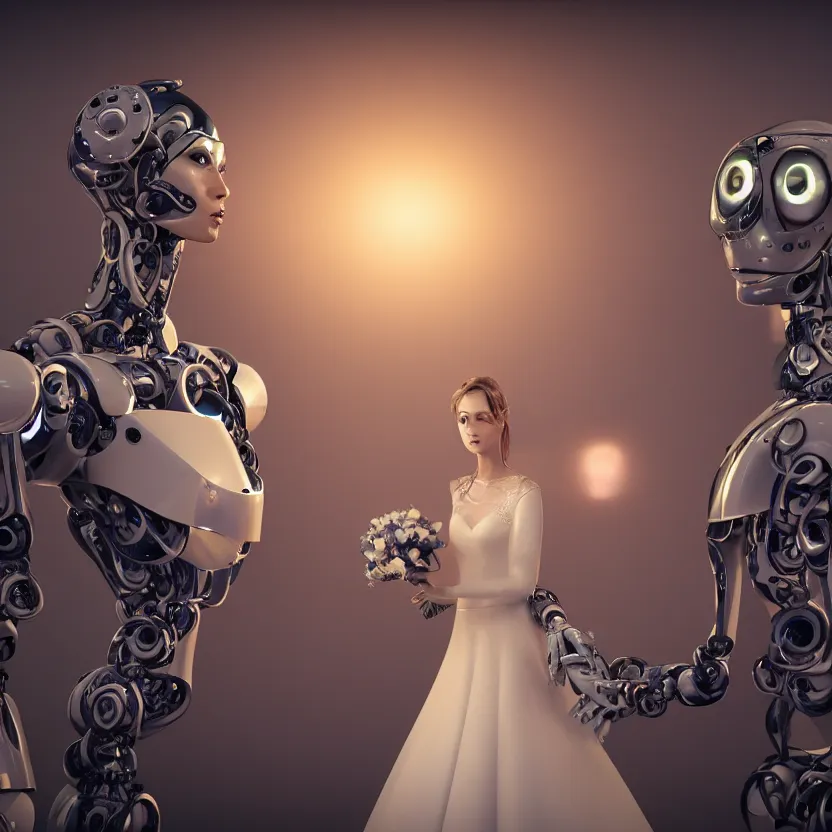 Image similar to a beautiful professional close up centered portrait photograph of a complex robot priest officiating a wedding ceremony. octane render, extremely detailed, cinematic lighting, 8k, cinematic movie photograph, closeup portrait, cgsociety, award-winning art, excellent composition, by Andree Wallins.