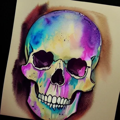 Image similar to watercolor art on paper, skull with bath bomb explosions all around, highly detailed, artstation, masterpiece, award - winning