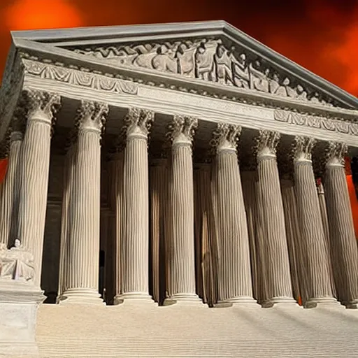 Prompt: Supreme court on fire at night, award winning photo, 8k hyperrealistic