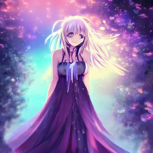 Image similar to advanced digital anime art, Sakimichan , WLOP, RossDraws, a gorgeous woman with long gold and silver hair wearing a violet dress and bare feet walking through a crystal clear river under a starry night, DOF, Gaussian Blur, —H 1024