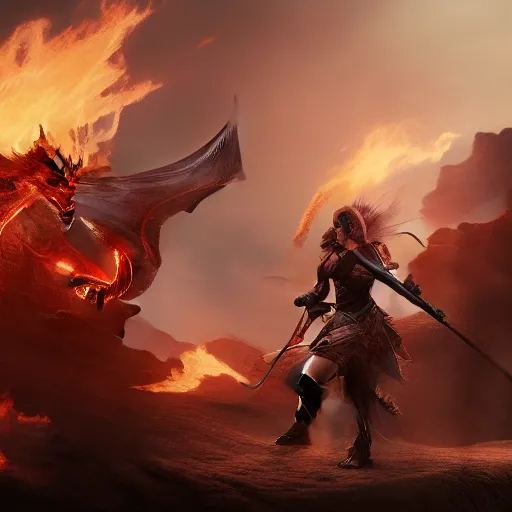 Prompt: female warrior riding a dragon spitting fire, with a thousand army dragon behind here riding to heaven, Unreal Engine, Artstation, 8K, live-action, cinematic,